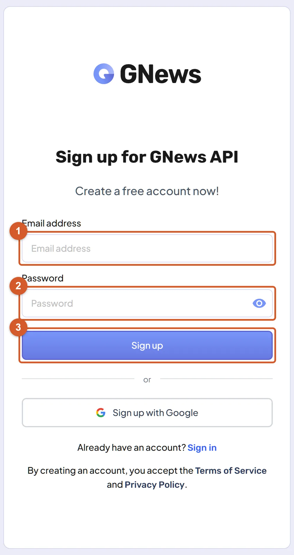 GNews signup form with numbered annotations: 1 the email address field, 2 the password field, and 3 the Sign up button