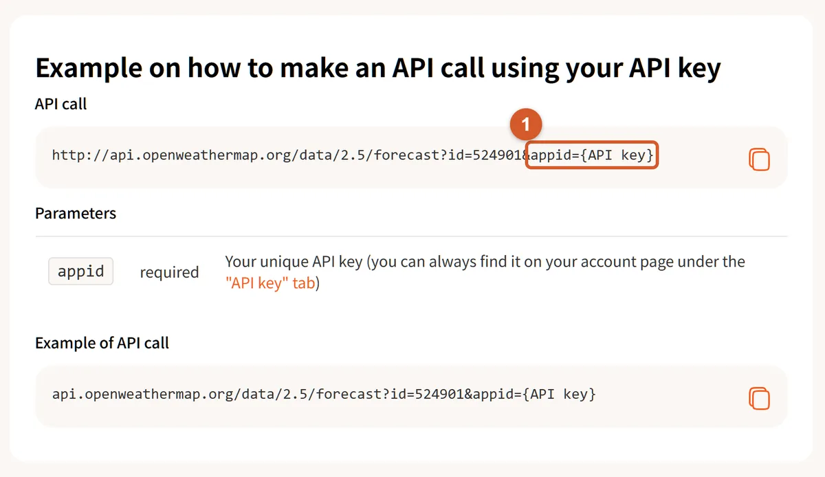 OpenWeatherMap documentation showing an example API call URL, with annotation 1 highlighting the appid={API key} query parameter at the end of the URL