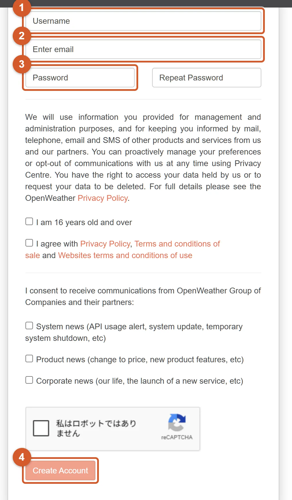 OpenWeatherMap signup form with four numbered annotations: 1 the Username field, 2 the Email field, 3 the Password field, and 4 the Create Account button at the bottom of the form